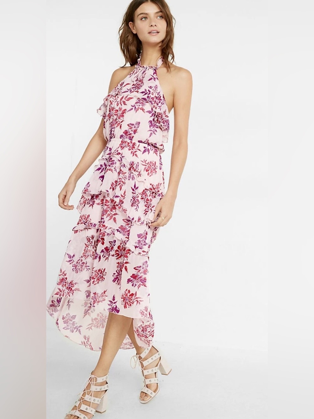 Express Pink Floral High Low Halter Midi Dress XS